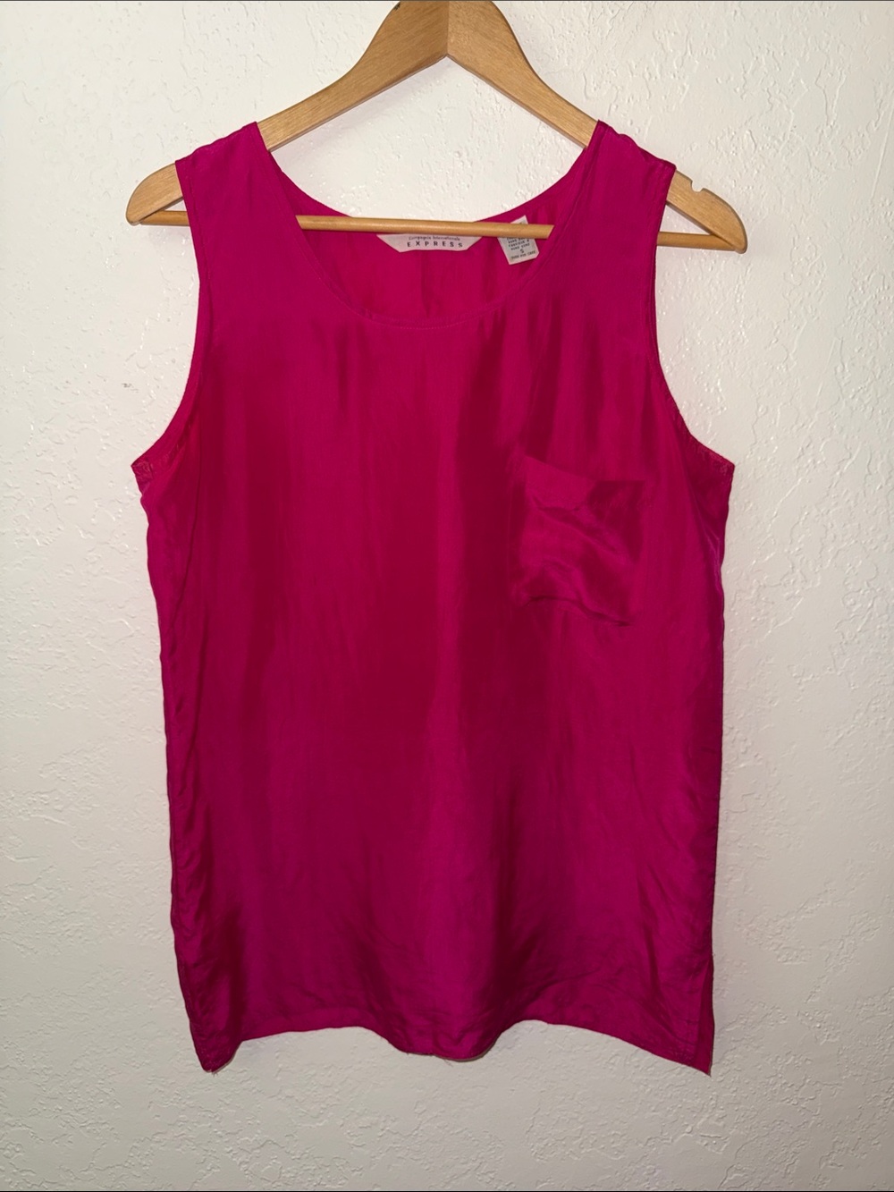 Vintage 80s Express 100% Silk Tank Top Tunic Sleeveless Pocket Scoop Hot Pink S